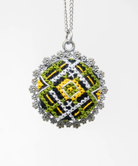 Embroidered Pendant Necklace: Green and Lavender