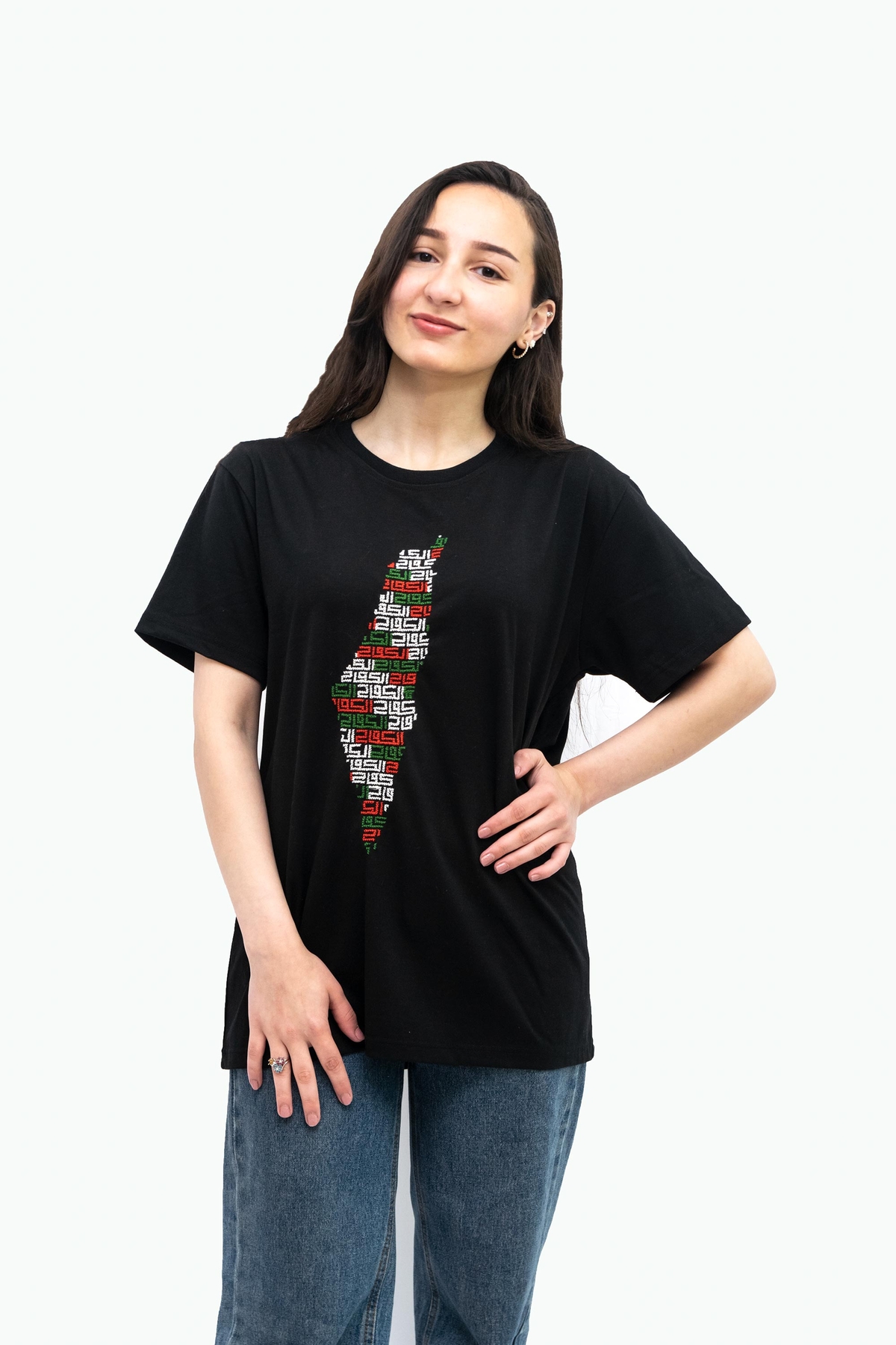 Black T-Shirt with Hand Embroidery for the Palestinian Map - S