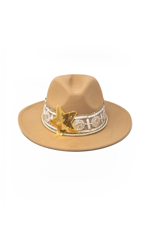 Ladies' Fedora Hat beige Designed with Gold and White Lace Details and a  Sequin Star